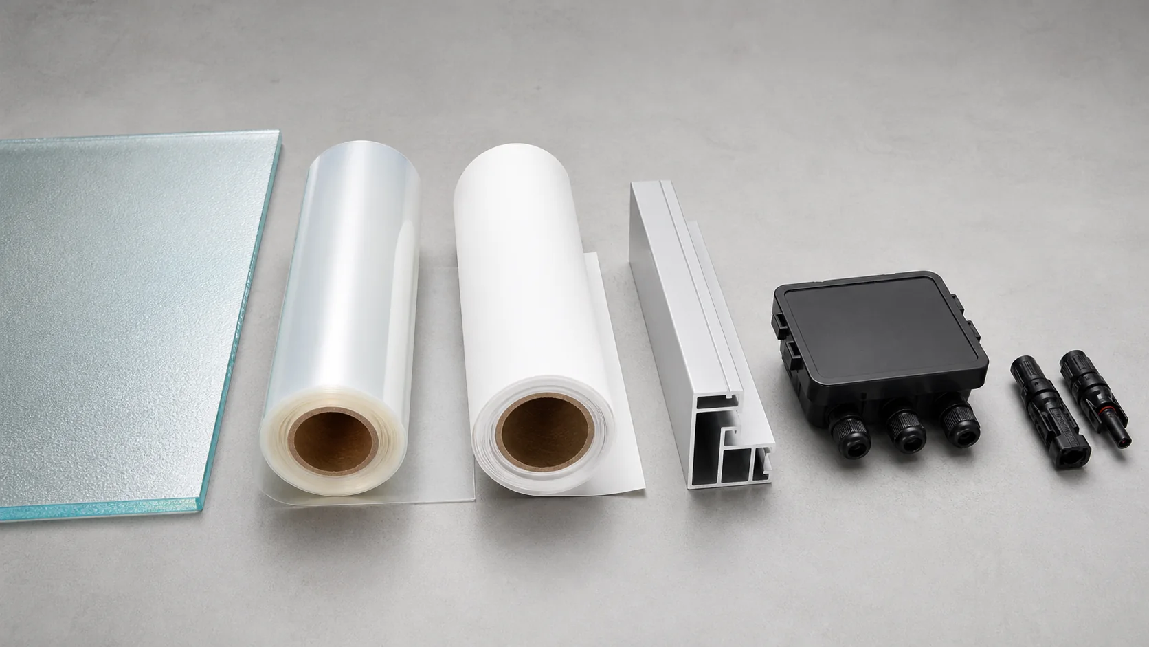 Solar glass, encapsulant, backsheet, frame, junction box and connector